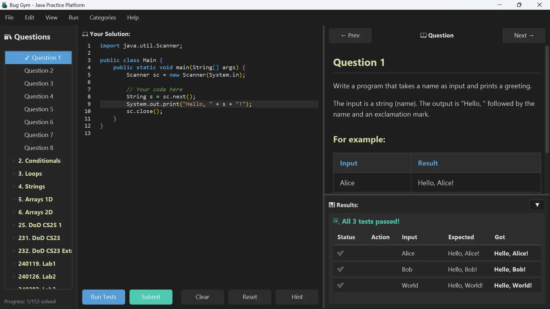 Bug Gym question editor and test runner interface