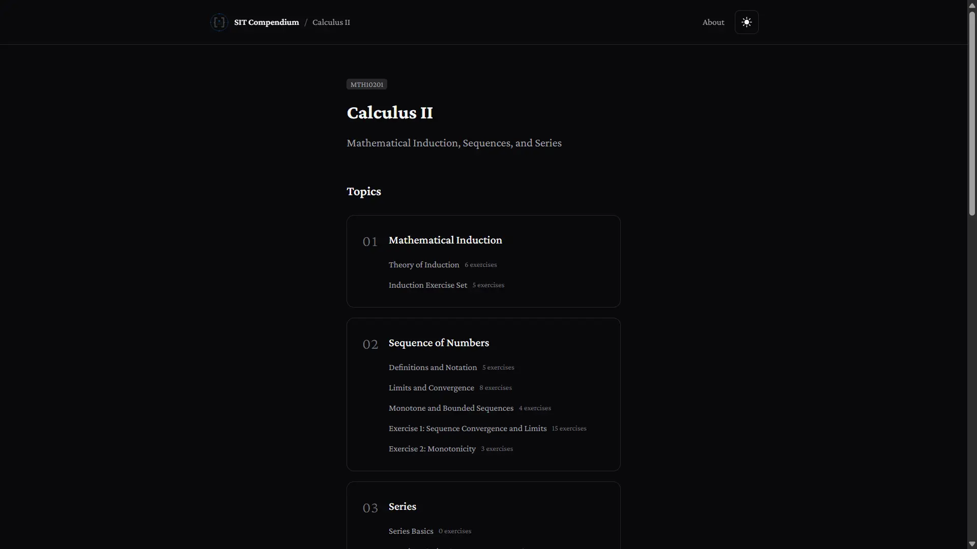 Course page with organized academic content