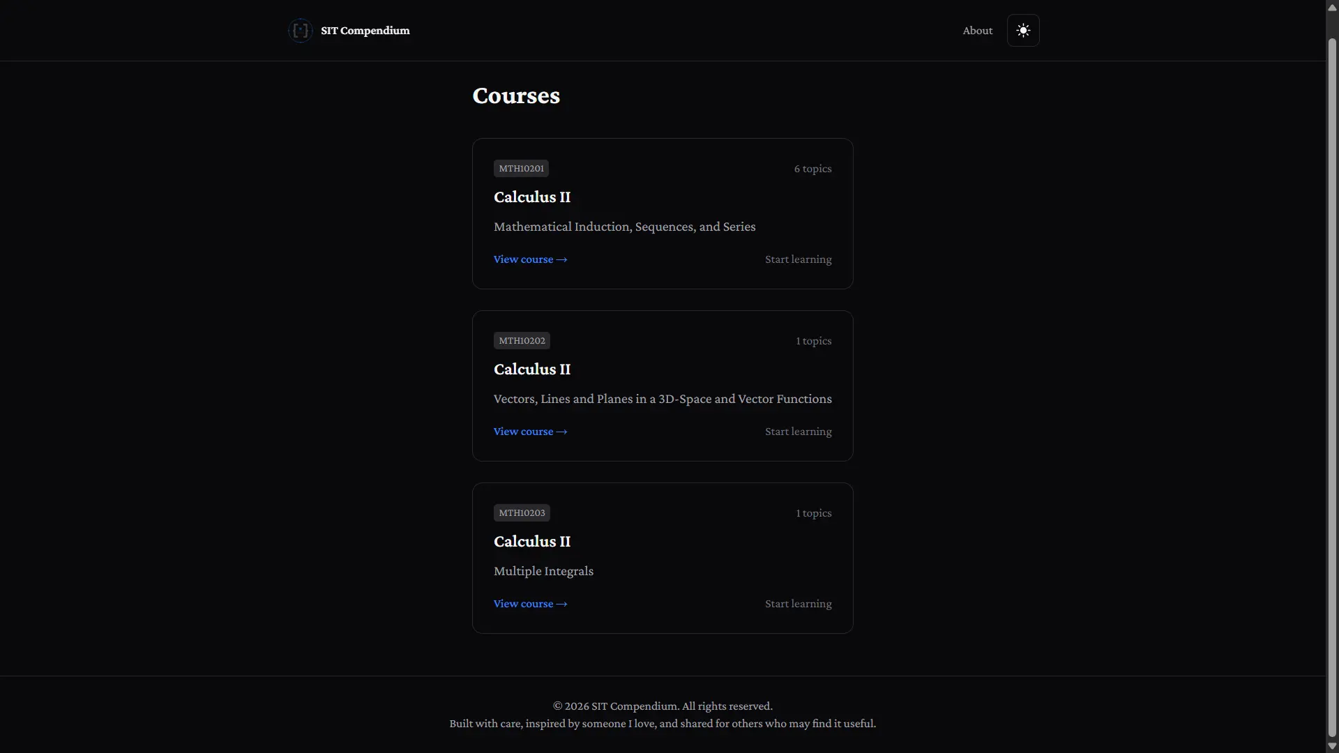 SIT Compendium homepage showcasing course navigation